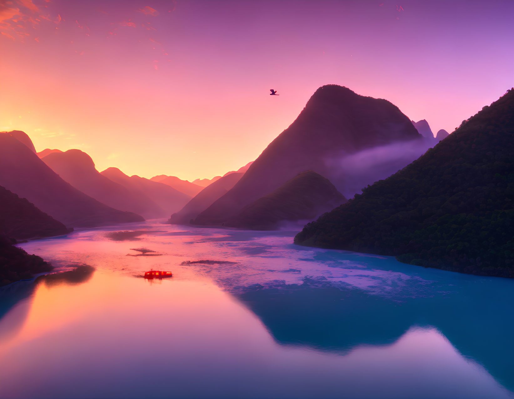 Tranquil sunset over misty mountains and river with boat and bird