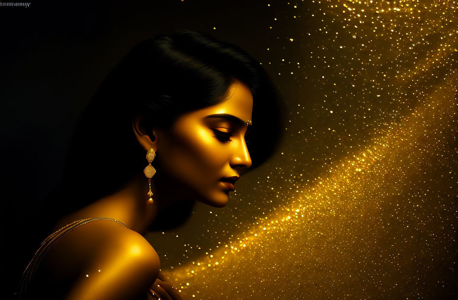 Profile of woman with golden particles on dark background