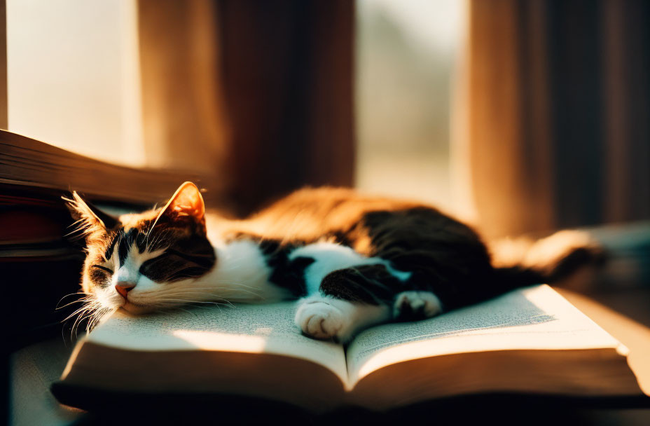 Cat napping on open book in sunlit room with soft shadows.