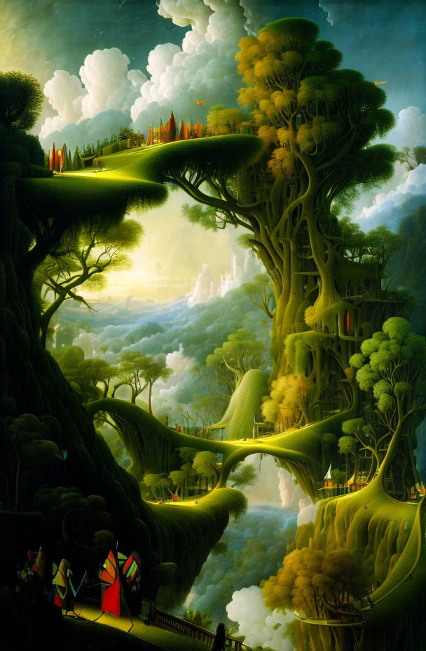 Fantastical painting of lush forest with colossal trees and bridges in clouds