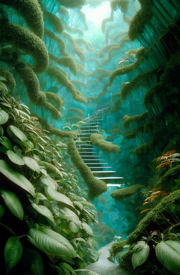 Submerged staircase surrounded by lush greenery in serene underwater world