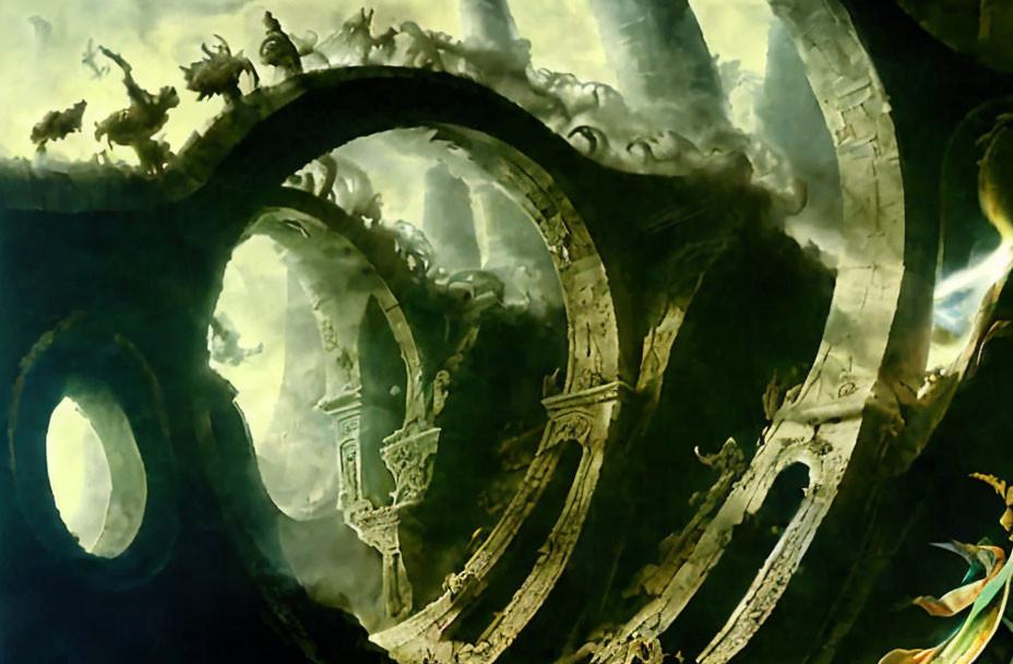 Green-tinged surreal landscape with massive circular ruins and intricate details.