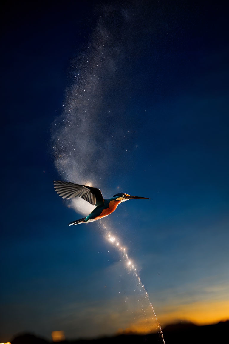 Kingfisher Bird Flying with Water Droplets in Dusky Sky