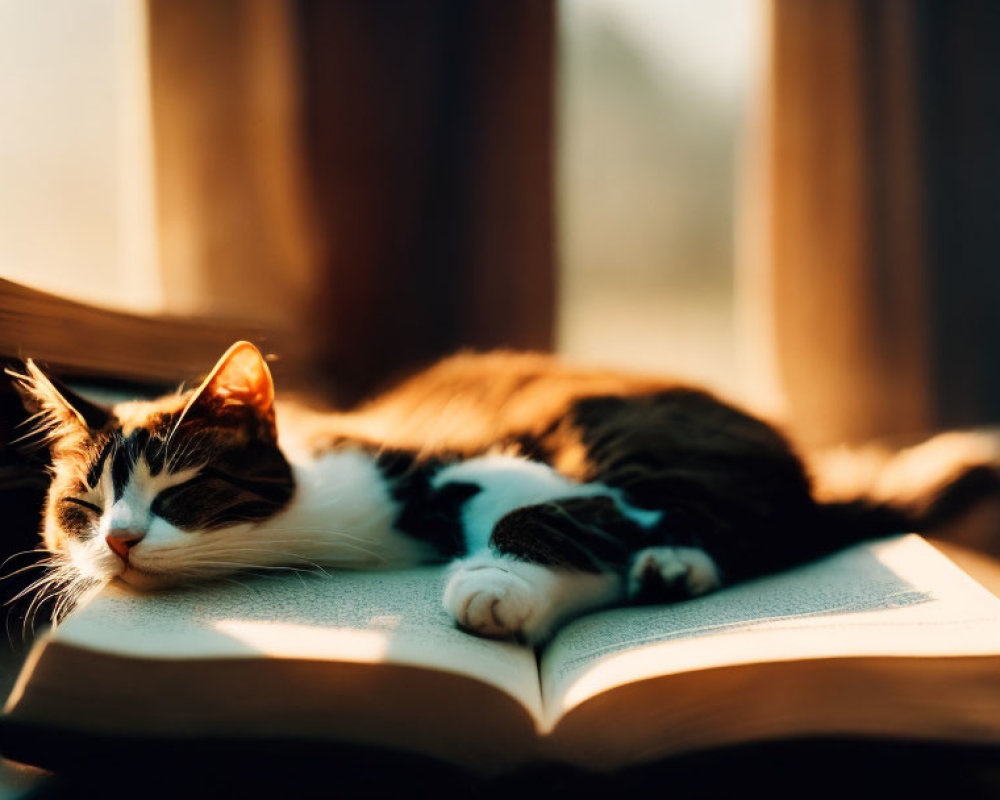 Cat napping on open book in sunlit room with soft shadows.