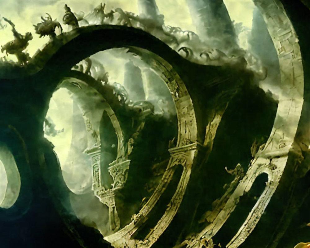 Green-tinged surreal landscape with massive circular ruins and intricate details.