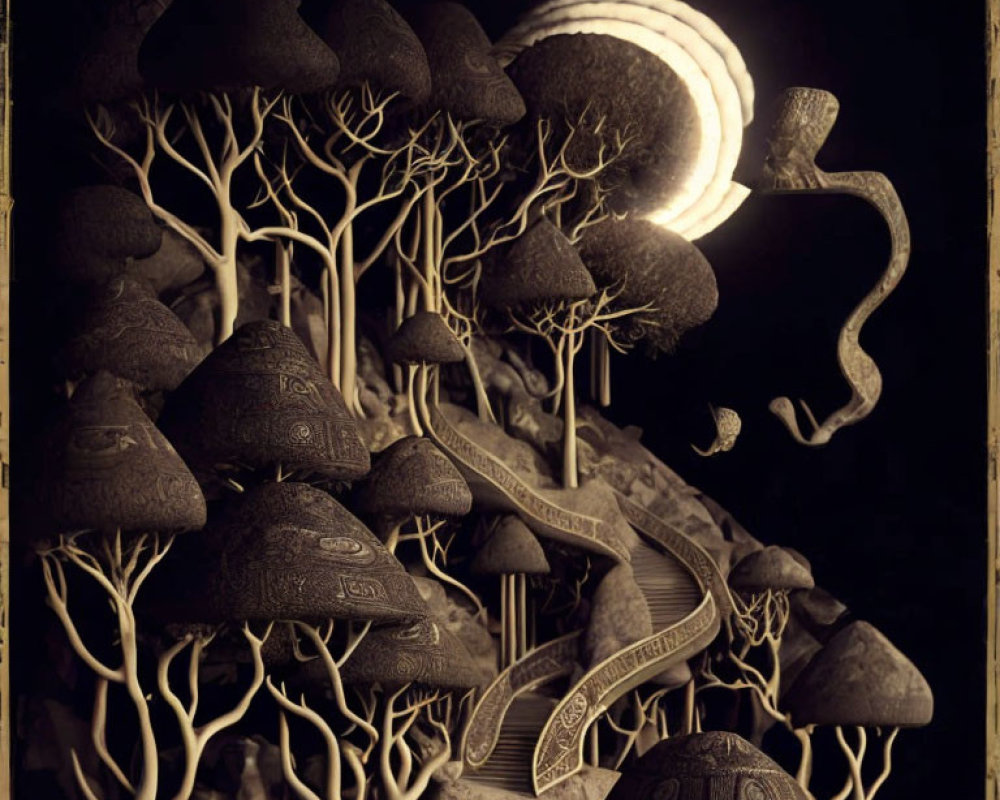 Stylized trees, patterned rocks, and ribbon-like structures in surreal artwork