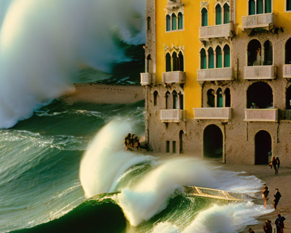 Mediterranean-style building on coast with crashing waves and onlookers