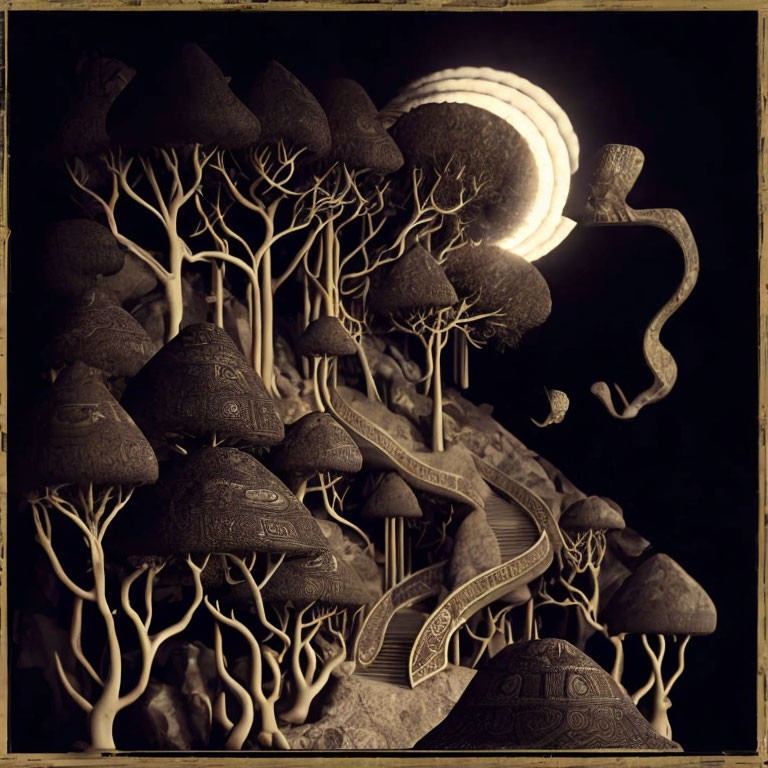 Stylized trees, patterned rocks, and ribbon-like structures in surreal artwork