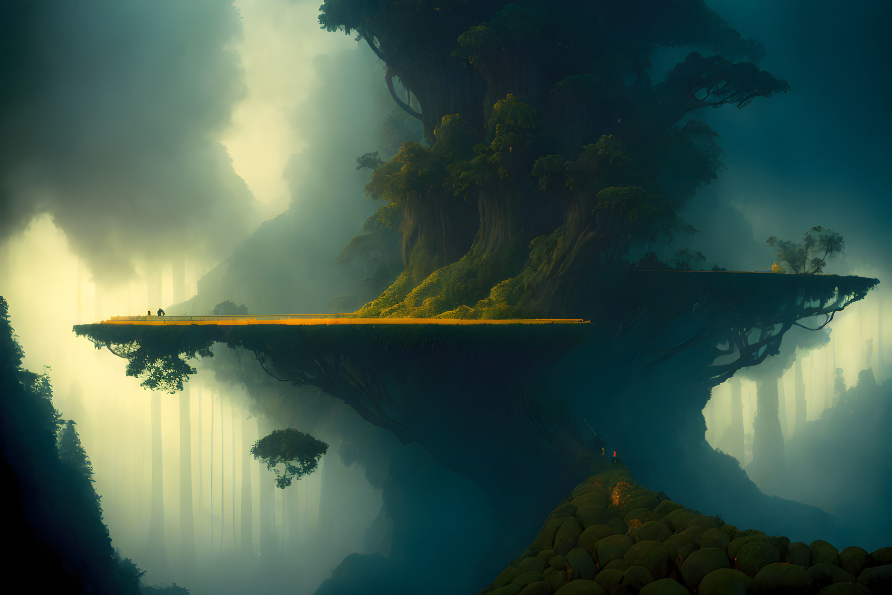 Mystical landscape with floating island, giant trees, person on ledge, and ethereal fog.