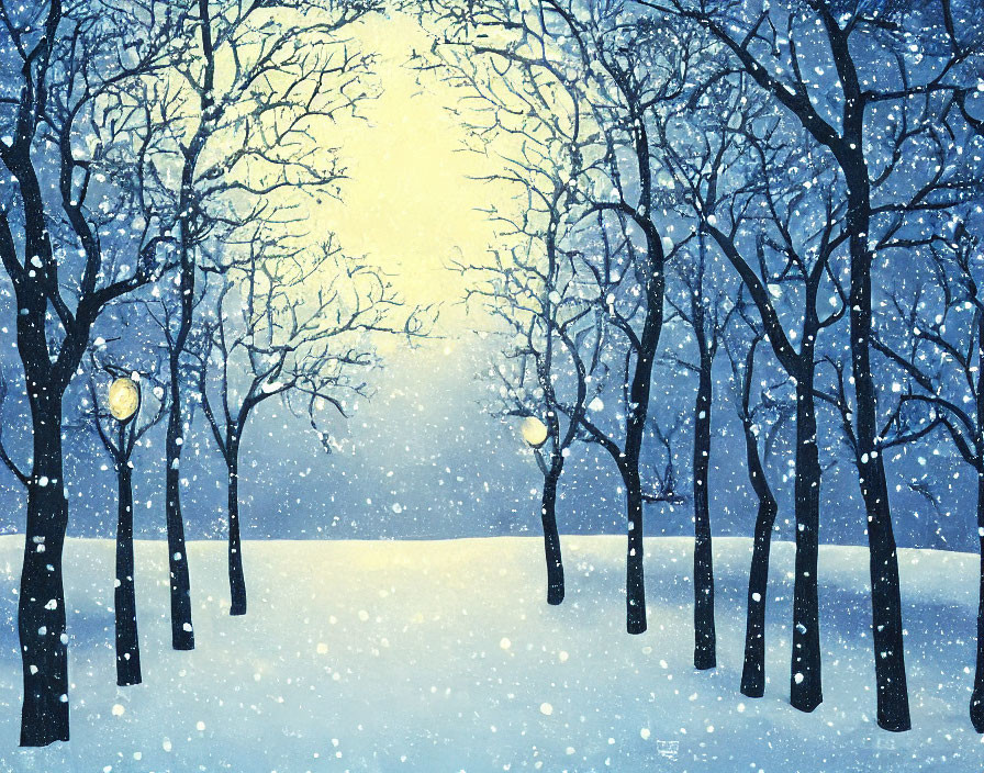 Snowy park scene with bare trees, glowing street lamps, and gentle snowfall