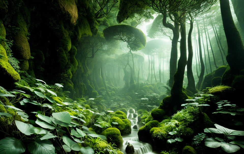 Mystical green forest with mist, moss-covered rocks, small stream, lush foliage, ethereal