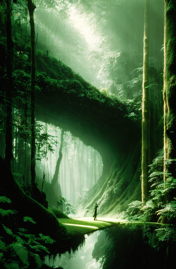 Solitary figure in lush green forest with towering trees and sunlight rays.