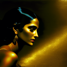 Profile of woman with golden particles on dark background