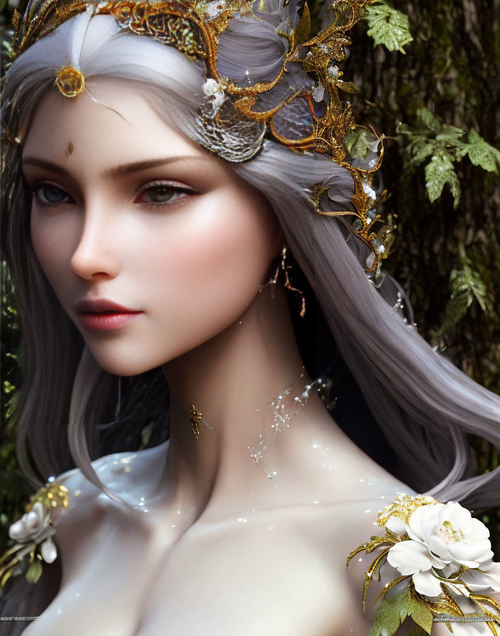 Fantasy character portrait with white hair and golden headpiece in forest setting