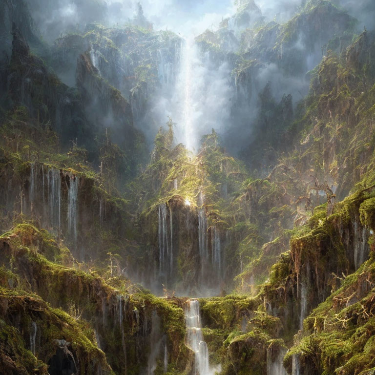 Mystical landscape with lush greenery and cascading waterfalls