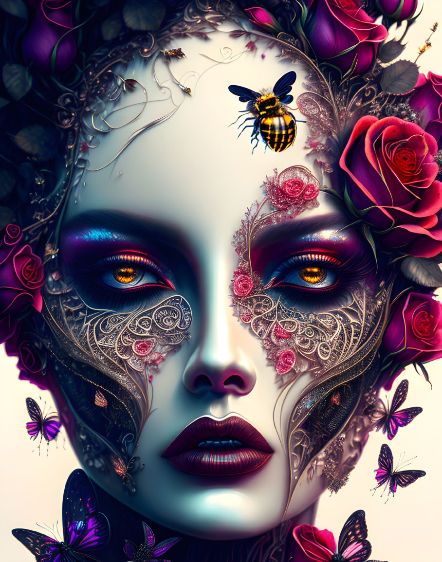 Digital Art: Woman with Floral Face Patterns and Butterflies in Mystical Setting