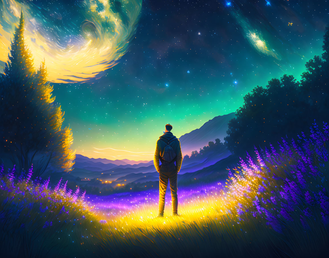 Figure in Purple Flower Field Under Starry Sky at Dusk