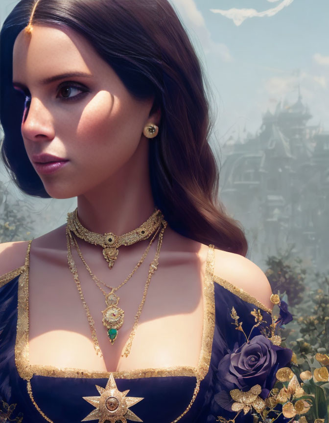 Dark-haired woman in blue dress with gold jewelry, including a necklace, looking at castle.