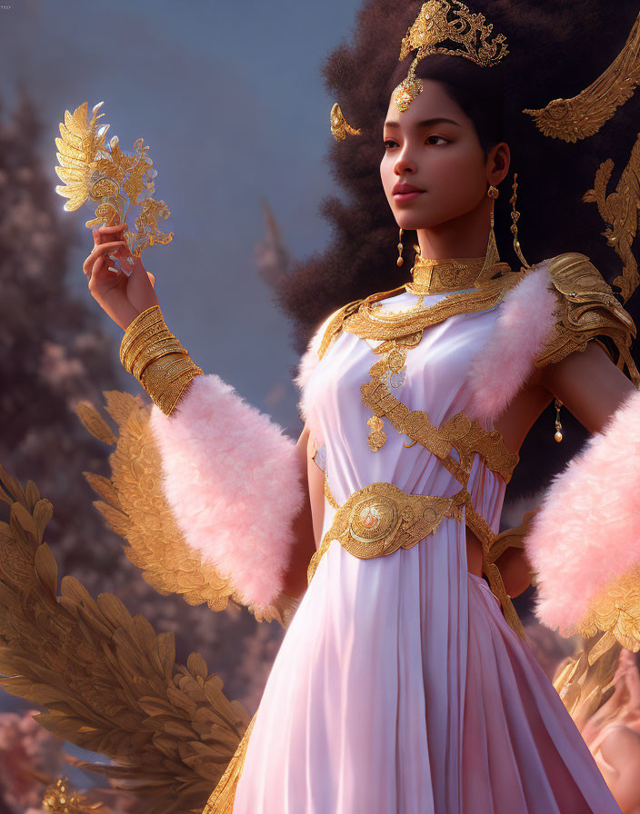 Regal person in gold-accented pink dress holding artifact in natural backdrop