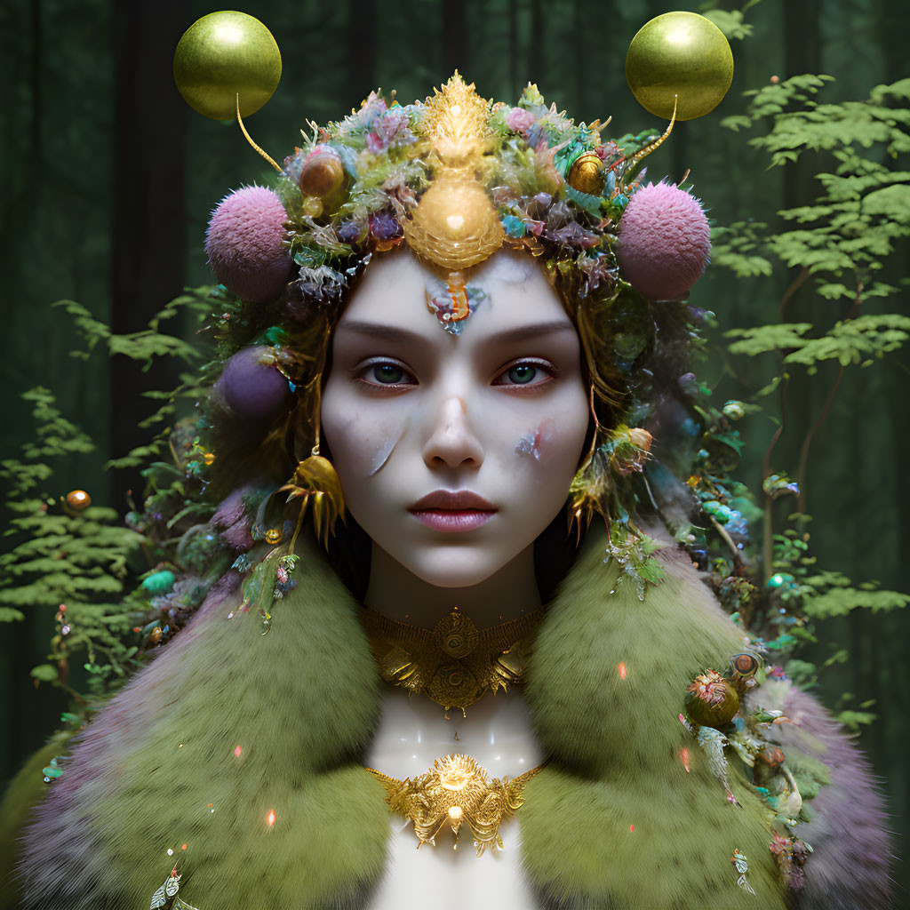 Intricate forest-themed headpiece and makeup with golden ornaments and lush greenery against woodland backdrop