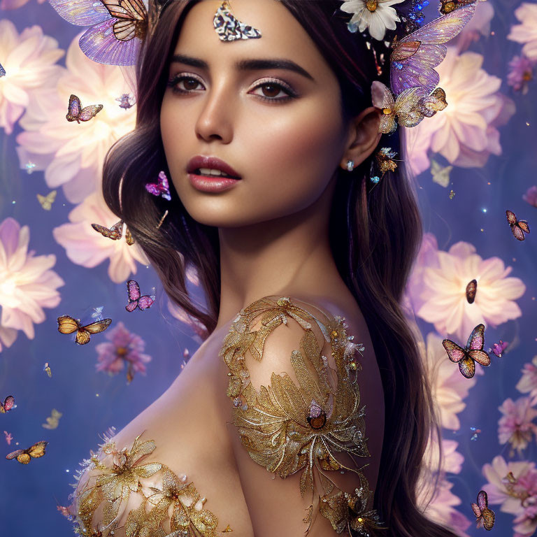 Floral and Butterfly Motif Woman with Golden Shoulder Piece