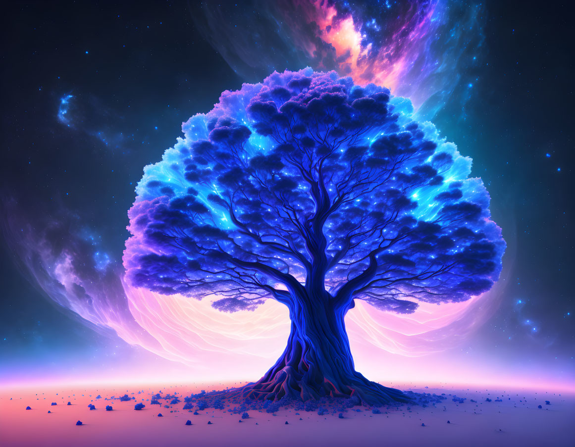 Fantasy-inspired image: Large radiant blue tree against cosmic backdrop