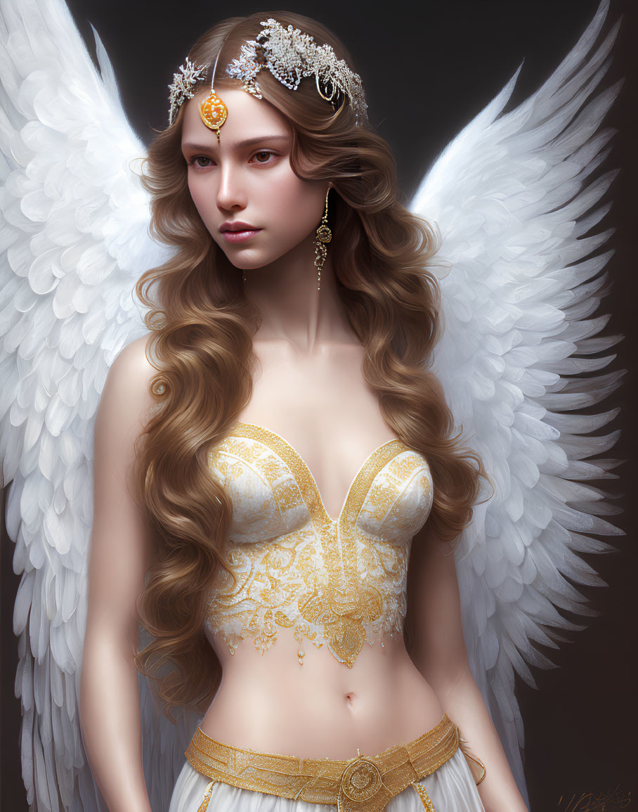 Digital artwork of woman with angel wings, golden corset, tiara, and wavy hair