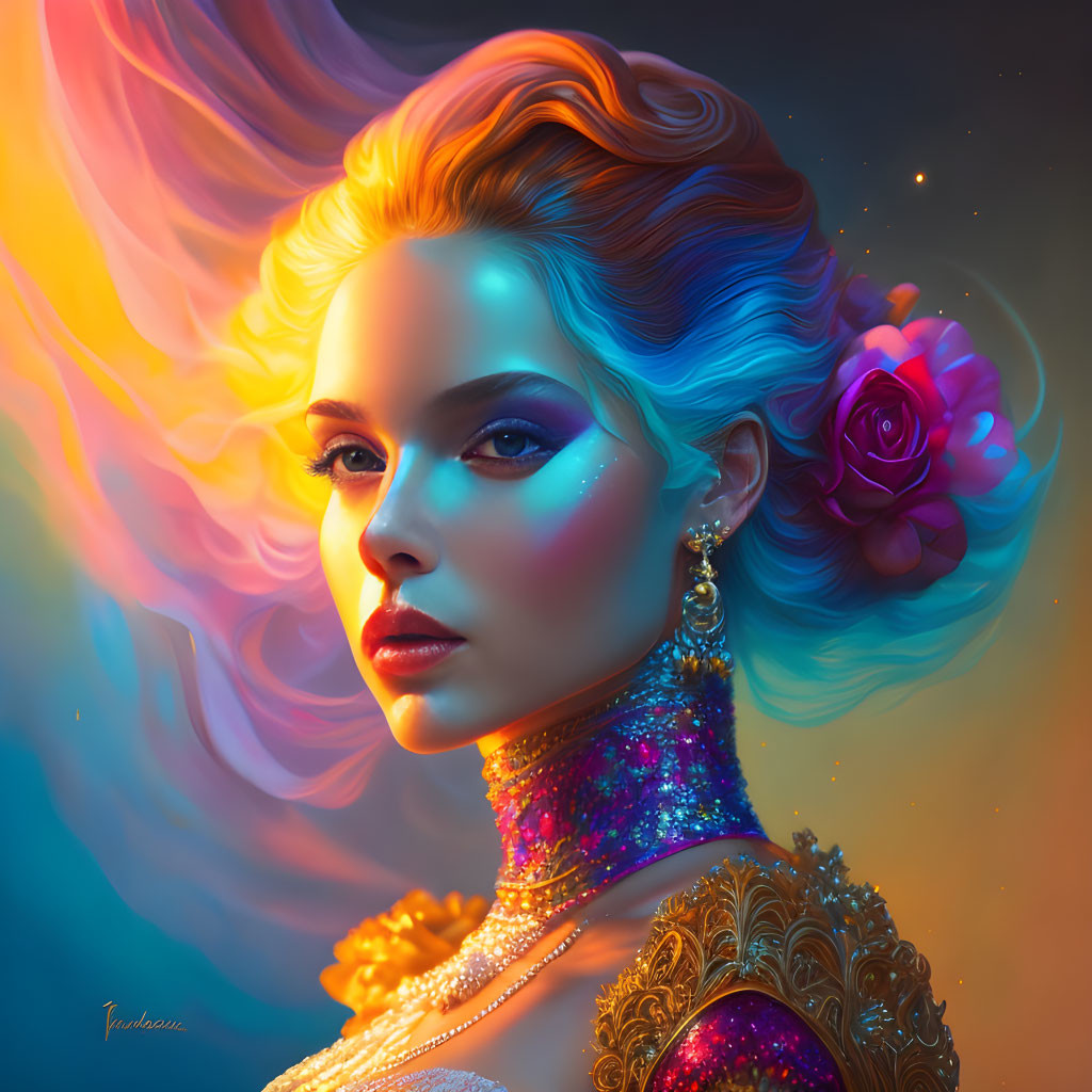 Colorful digital art portrait of a woman with luminescent hair and floral accessory