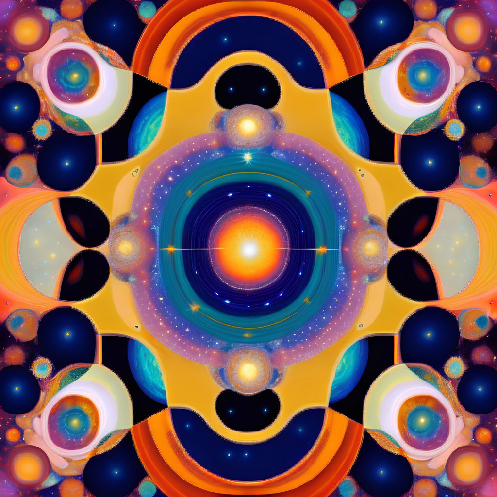 Symmetrical fractal design with central circular motif and colorful kaleidoscopic patterns