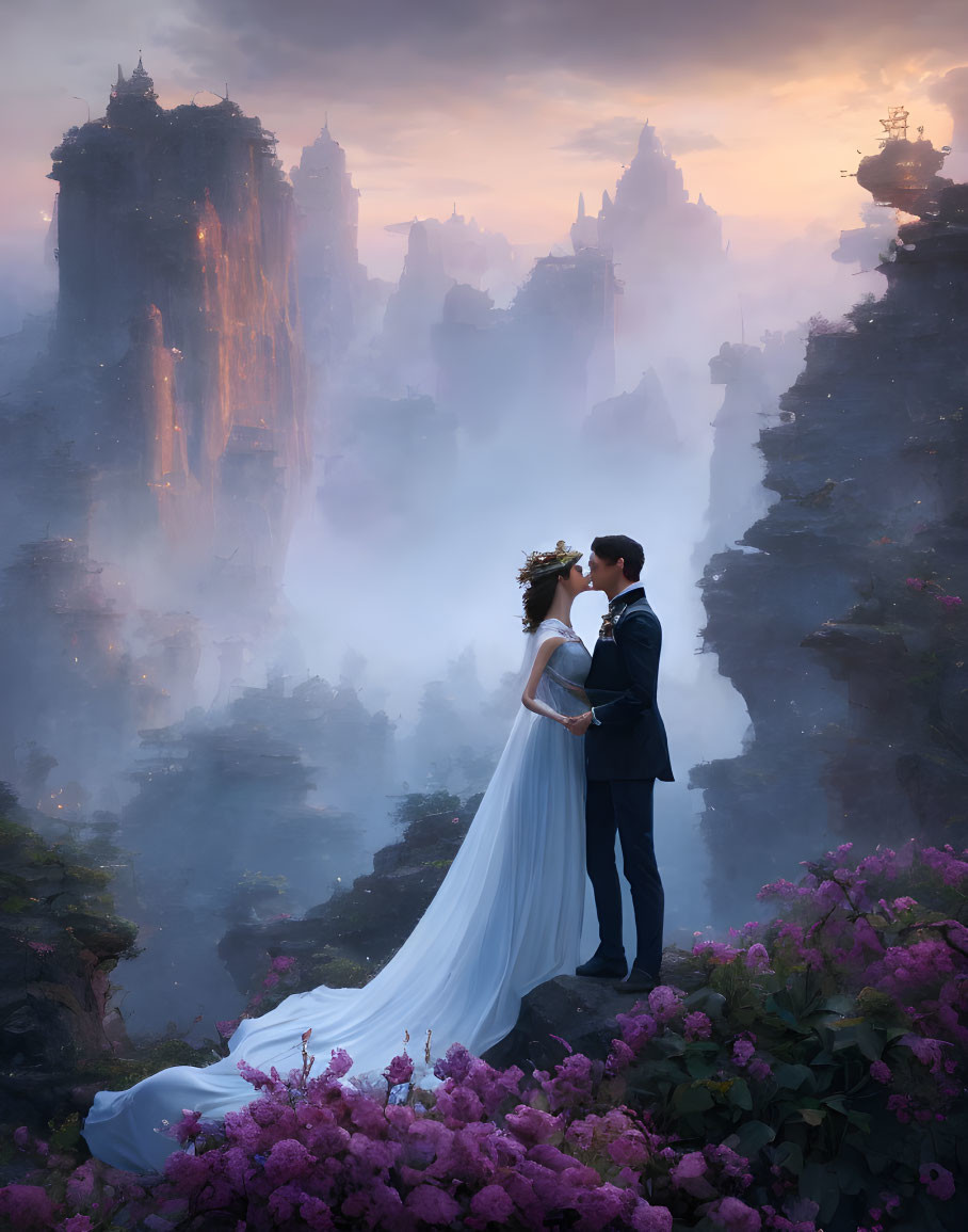 Wedding couple on cliff with purple flowers and misty spires at sunset