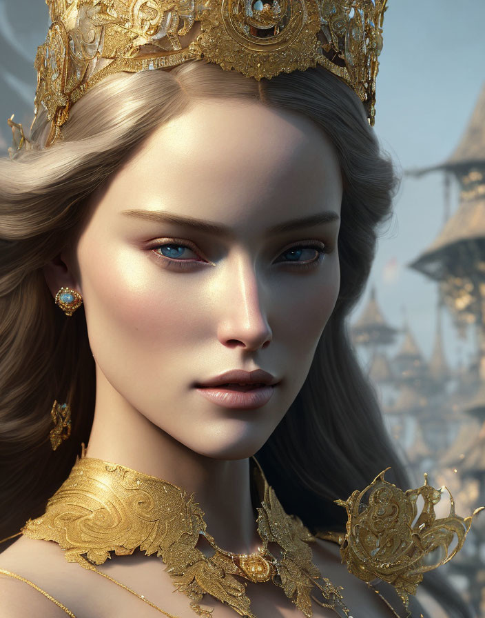 Digital artwork featuring a woman with blue eyes and gold crown, adorned with intricate designs.