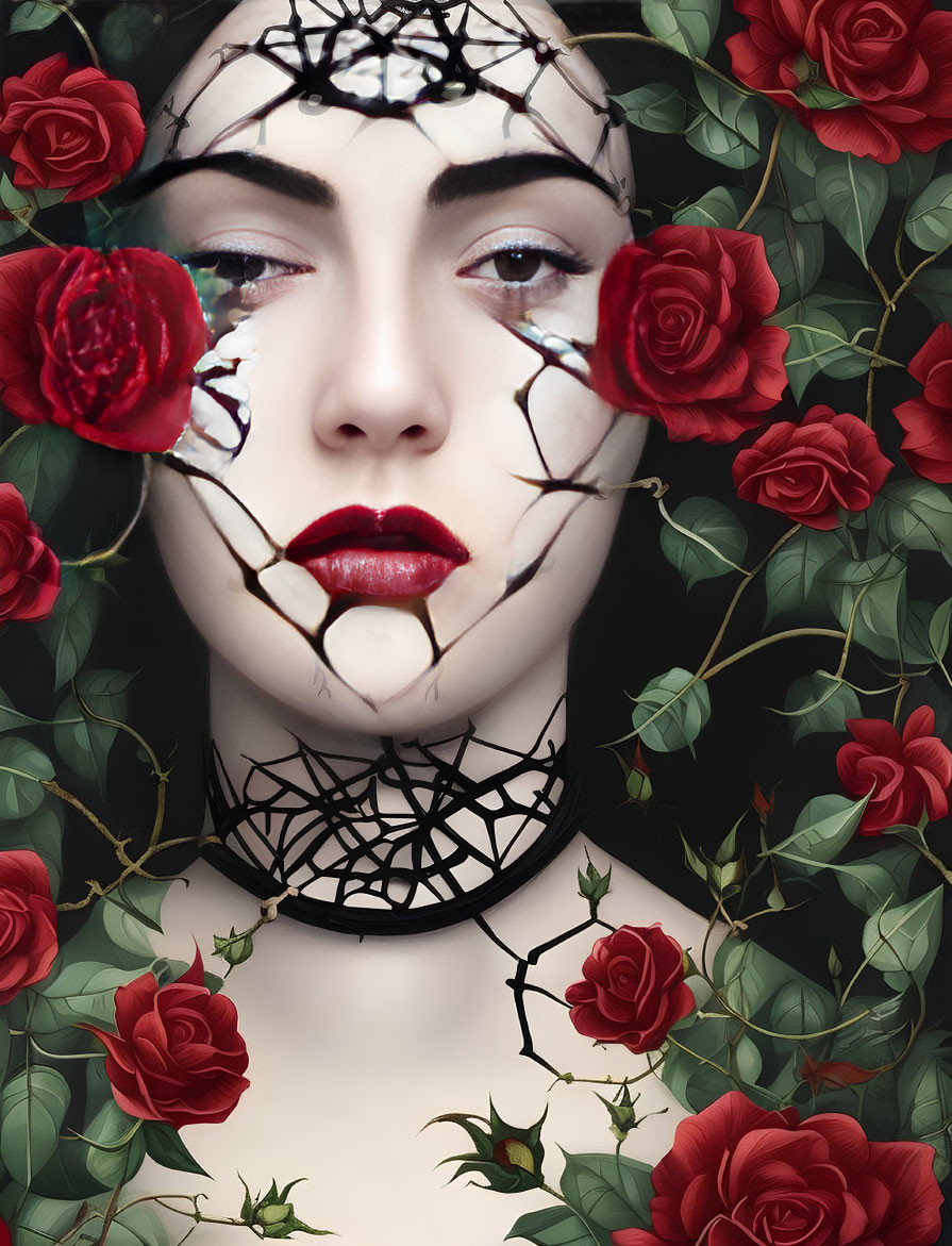 Cracked porcelain makeup on woman's face with red roses and green leaves