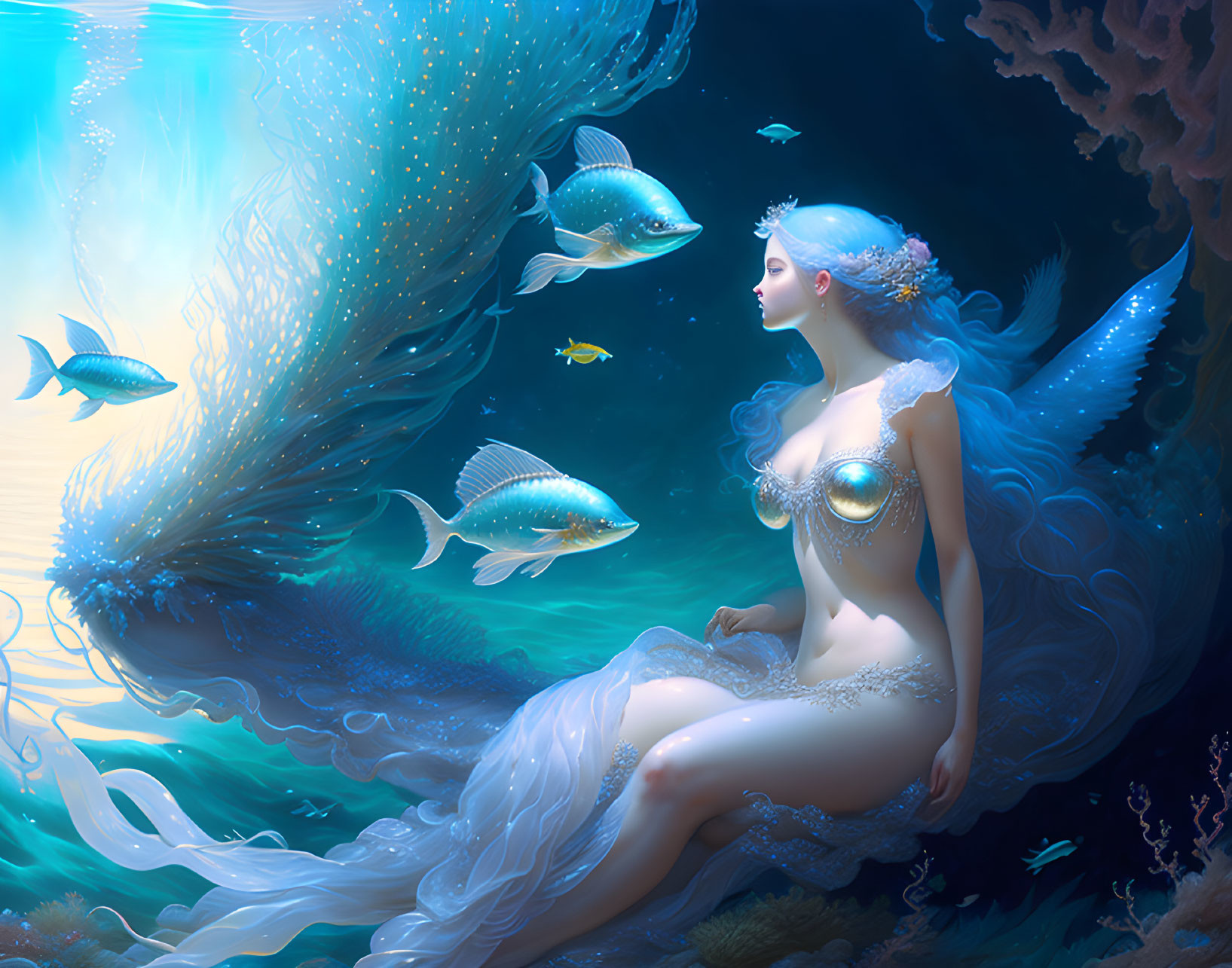 Mermaid with Flowing Hair Surrounded by Fish and Coral