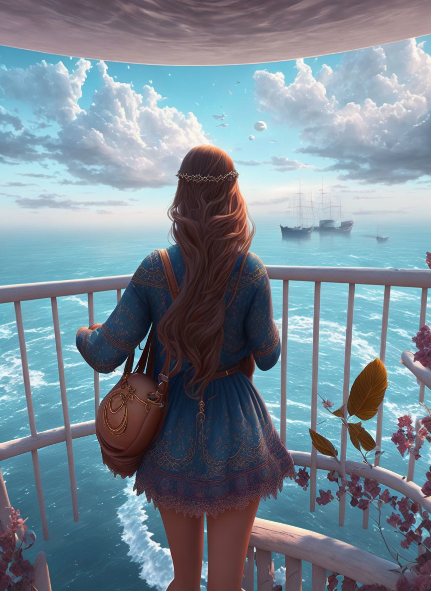 Woman with Long Hair on Balcony Overlooking Sea and Ship