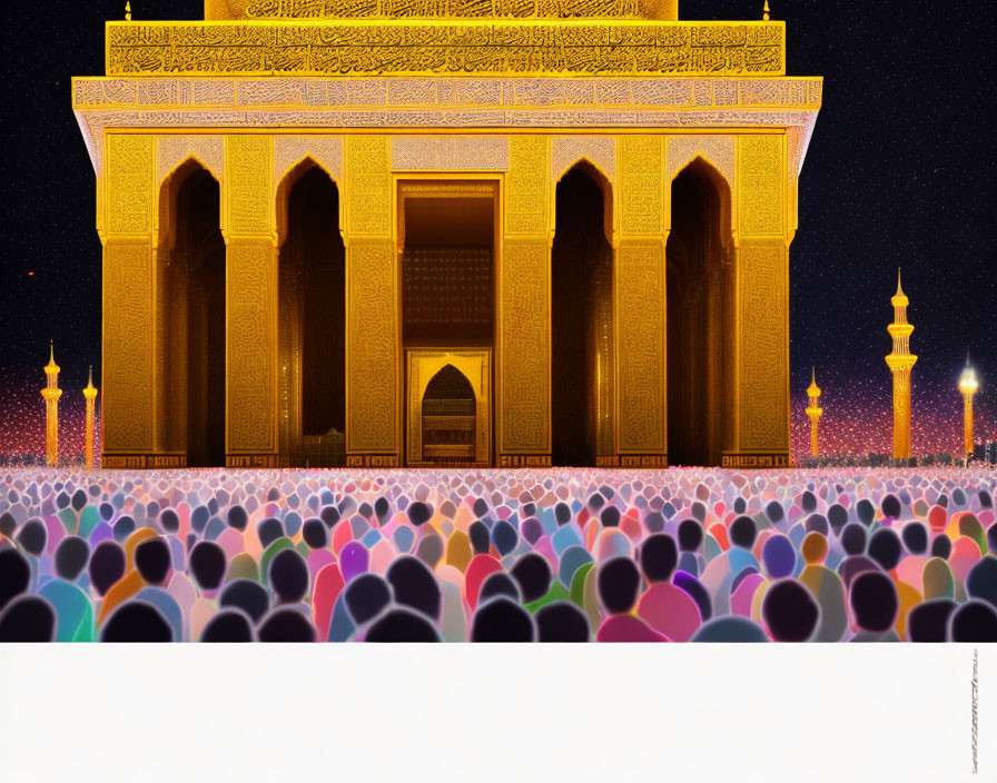 Illustration of colorful crowd in front of ornate mosque