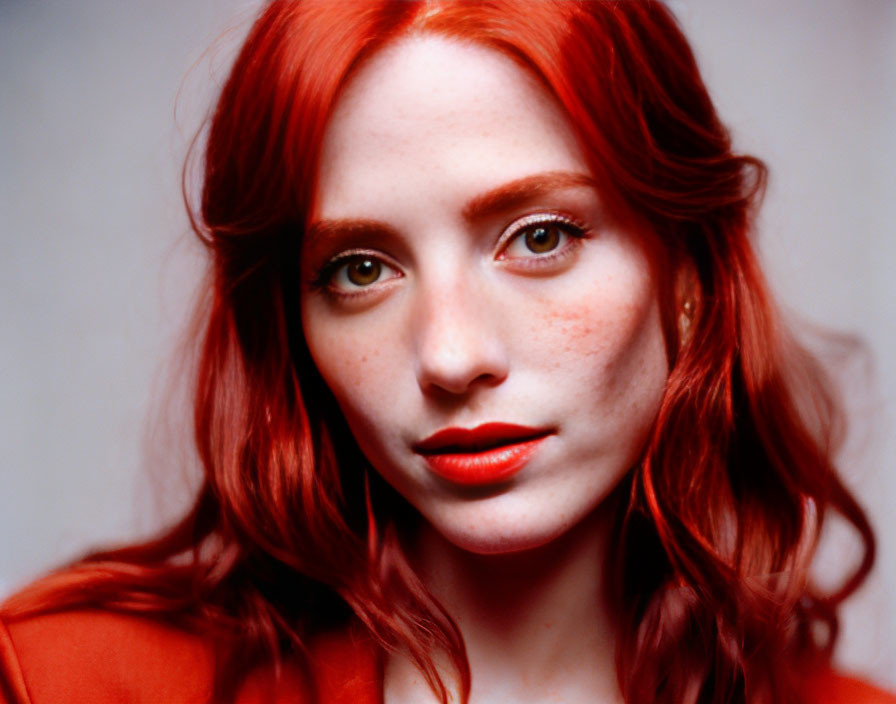 Red-haired woman with freckles and matching lipstick in soft-focus portrait