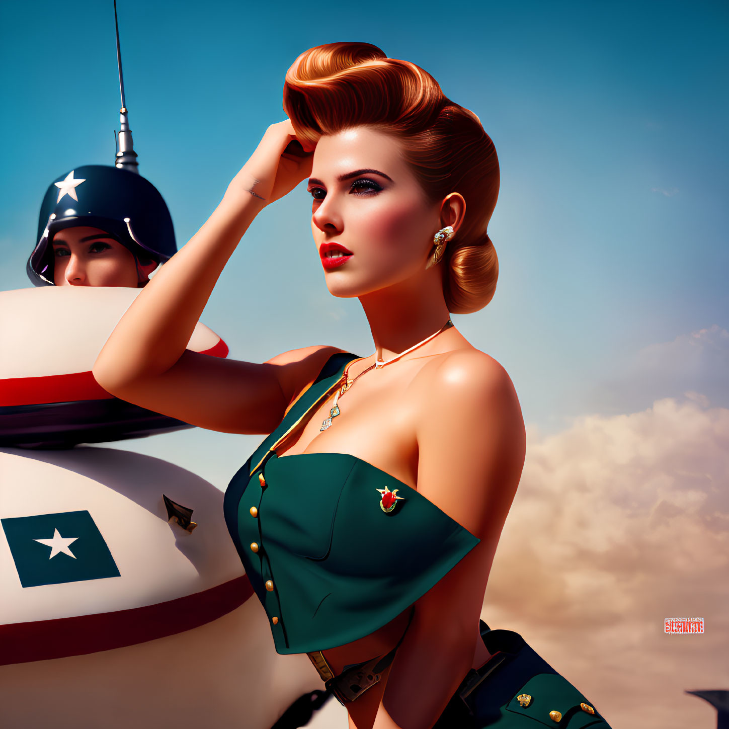 Digital illustration of woman in vintage military attire saluting with retro rocket in background