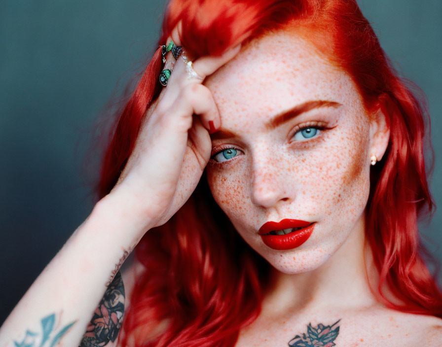 Red-haired woman with freckles, ruby lips, arm tattoo, and jeweled hairpin on