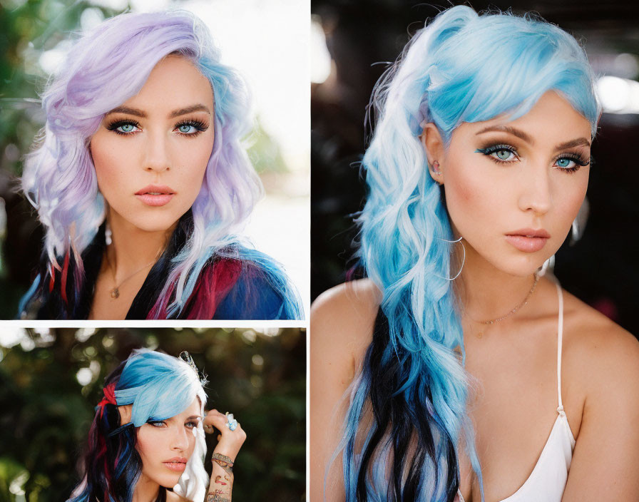 Woman with Striking Eyes: Blue & Purple Wavy Hairstyles Collage