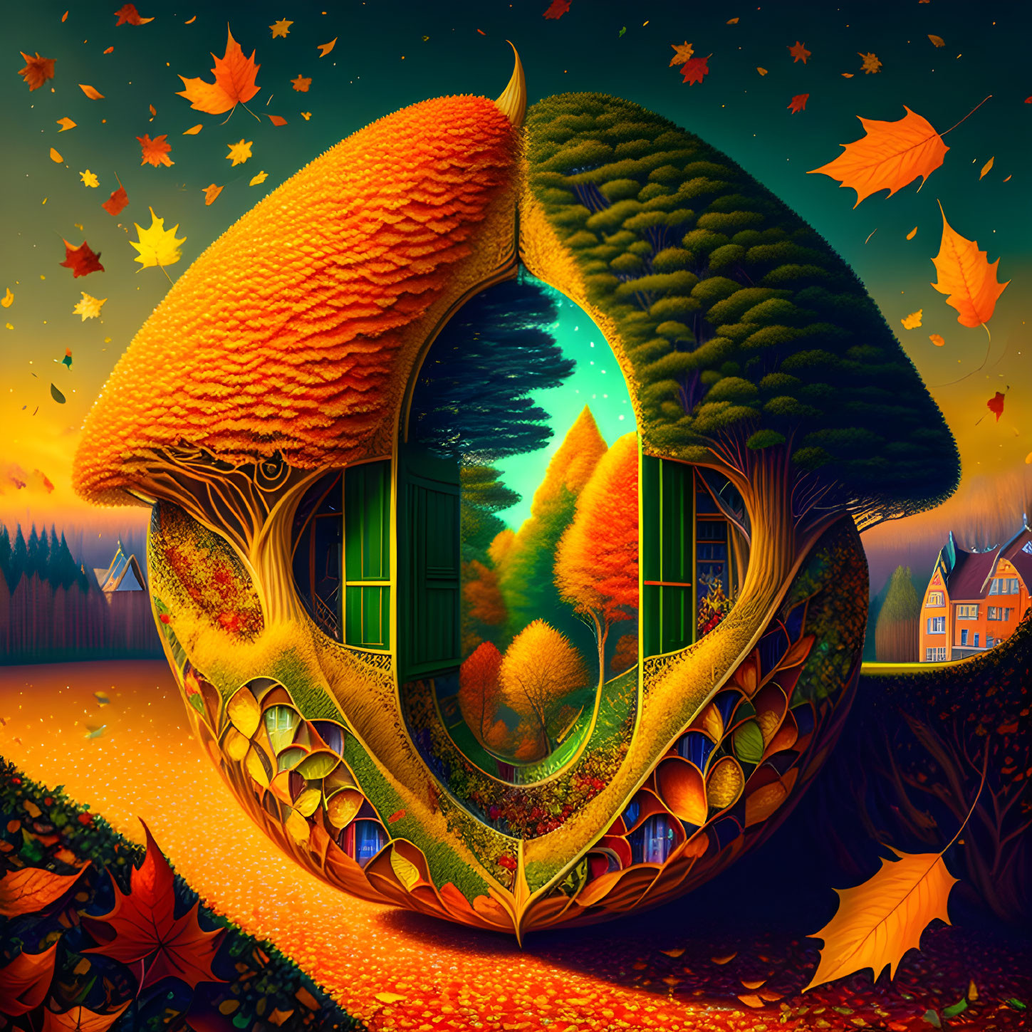 Colorful Fantasy Mushroom House Surrounded by Autumn Leaves