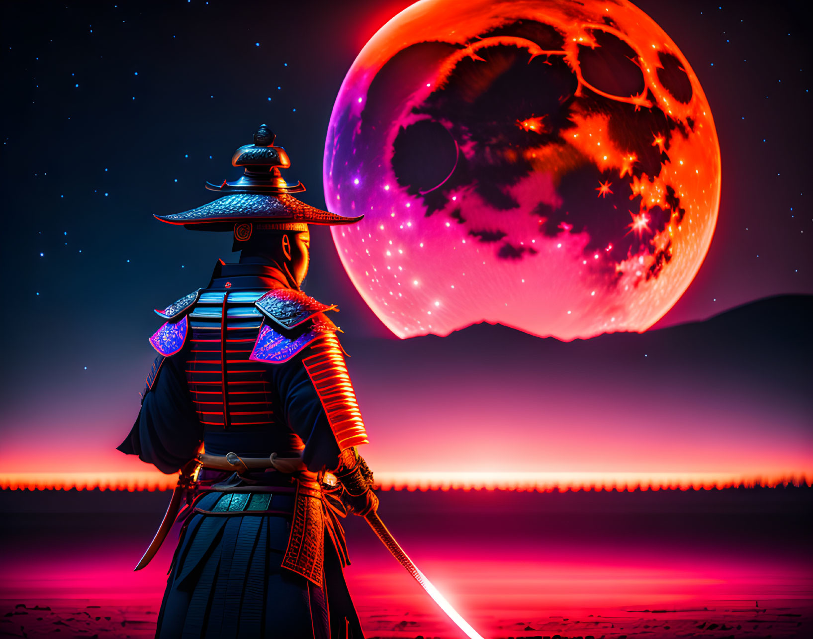 Traditional samurai in armor under surreal red moon and stars.