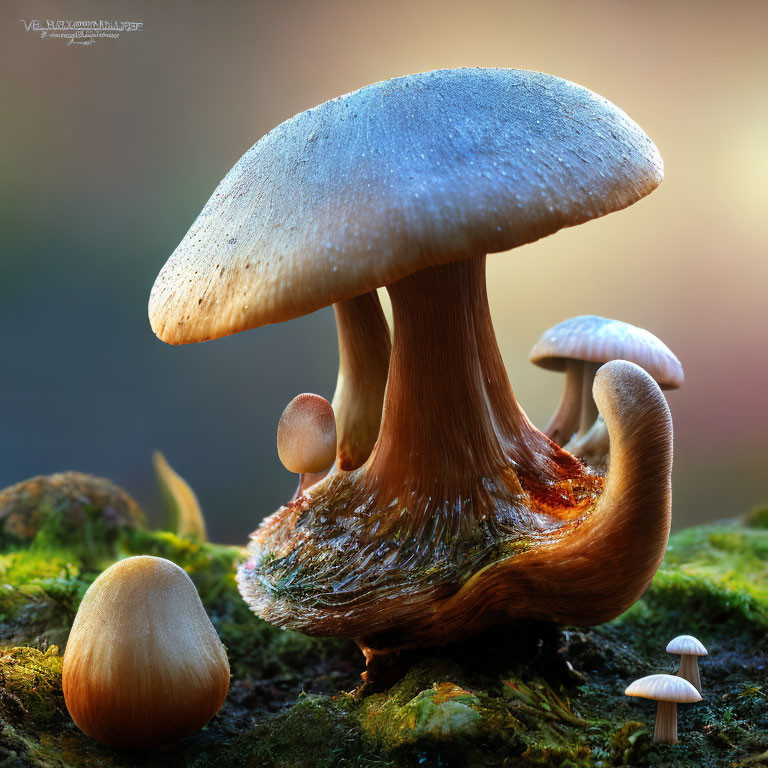 Various Sizes of Mushrooms on Mossy Forest Floor in Warm Light