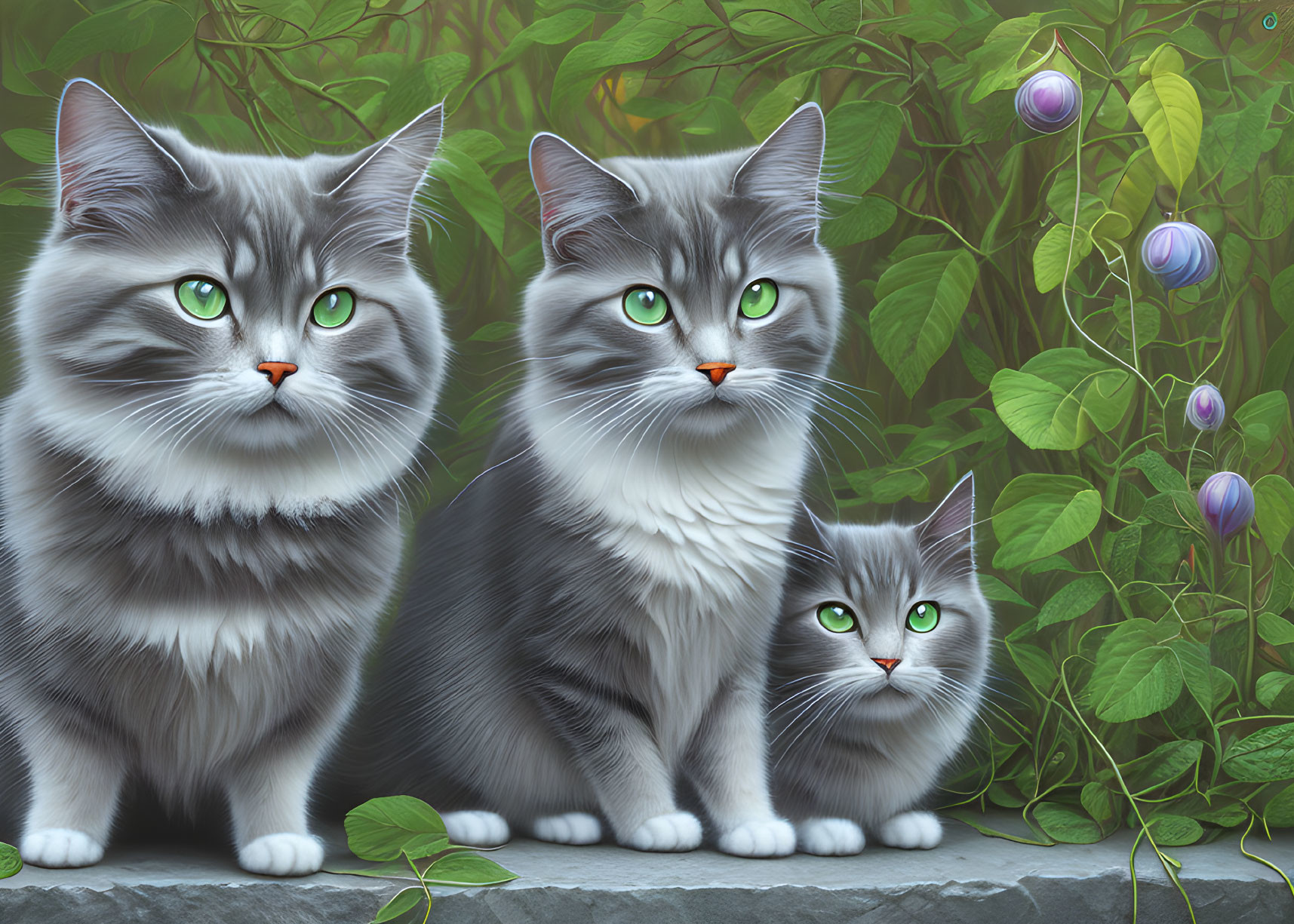 Three Gray Cats with Green Eyes Near Purple Flowers and Foliage