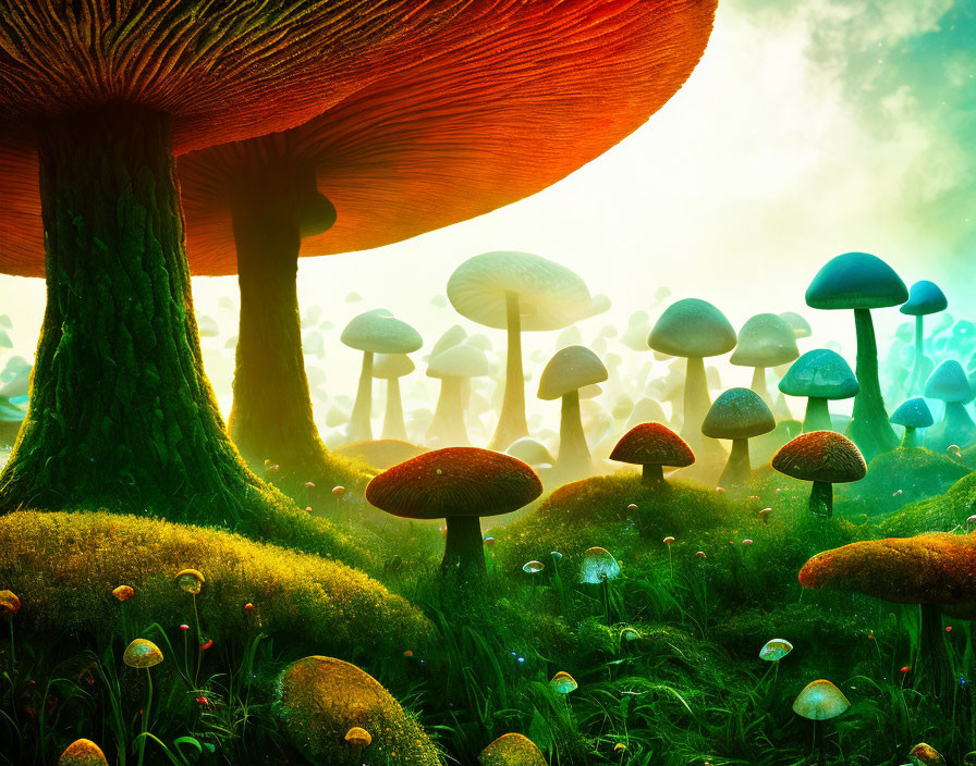 Colorful Oversized Mushrooms in Enchanted Forest Scene