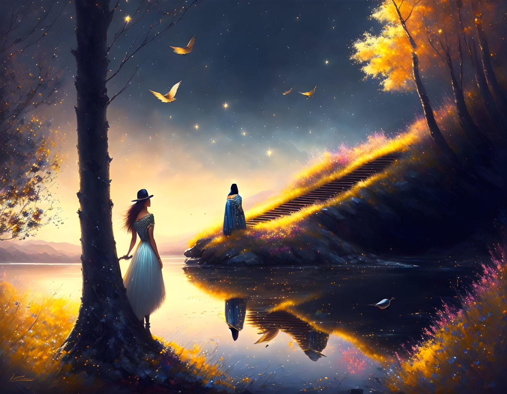 Enchanting night scene: two figures by glowing lake, luminous pathway, starlit sky.