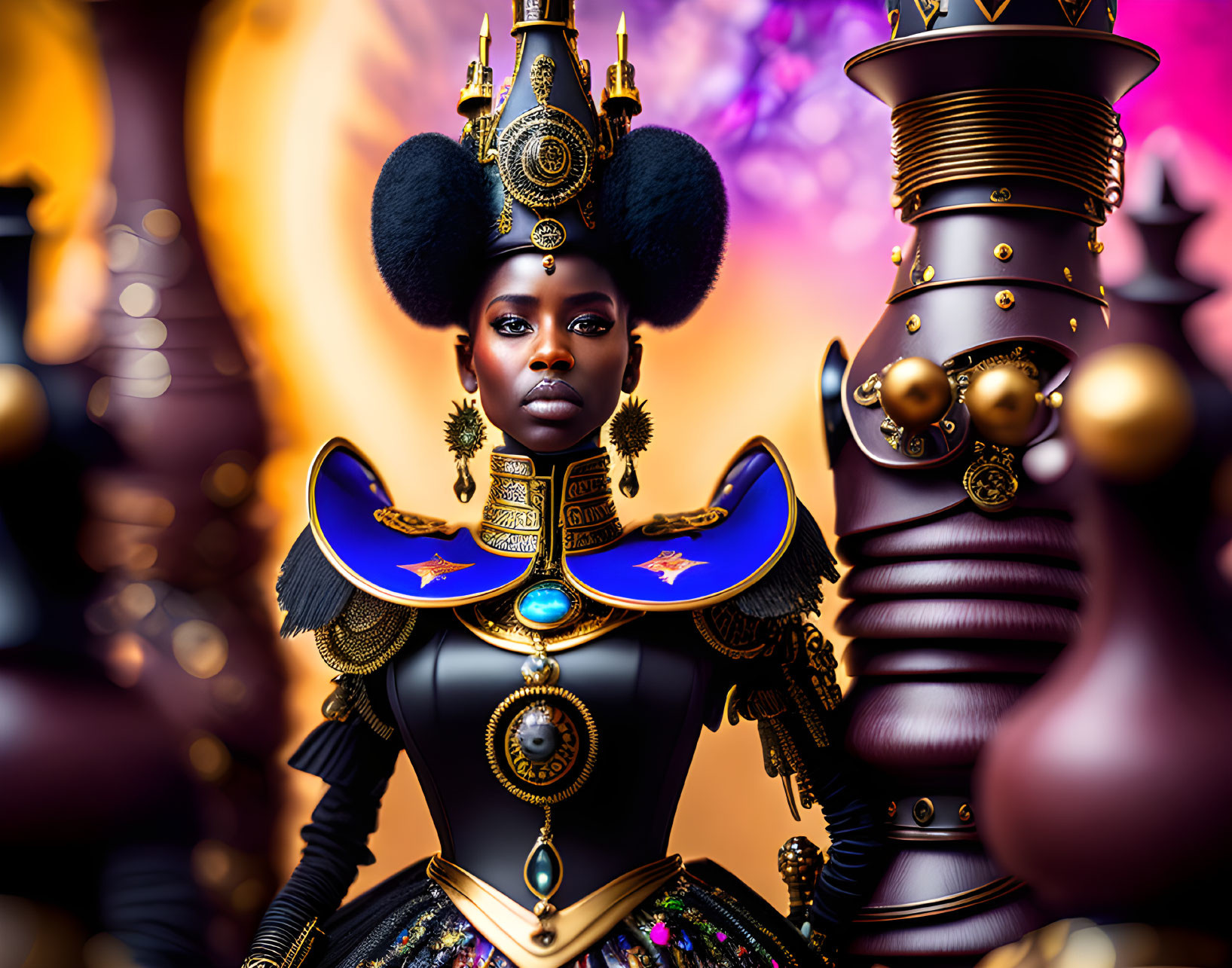 Digital Artwork: Regal Dark-Skinned Woman in Black and Gold Armor