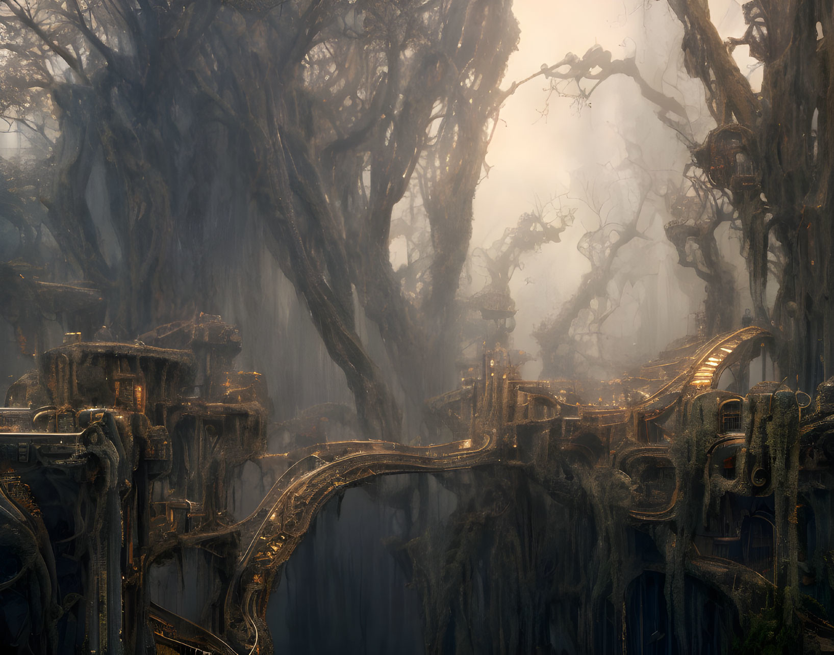 Ethereal forest with mist, intertwining trees, ancient bridges, and mechanical structures