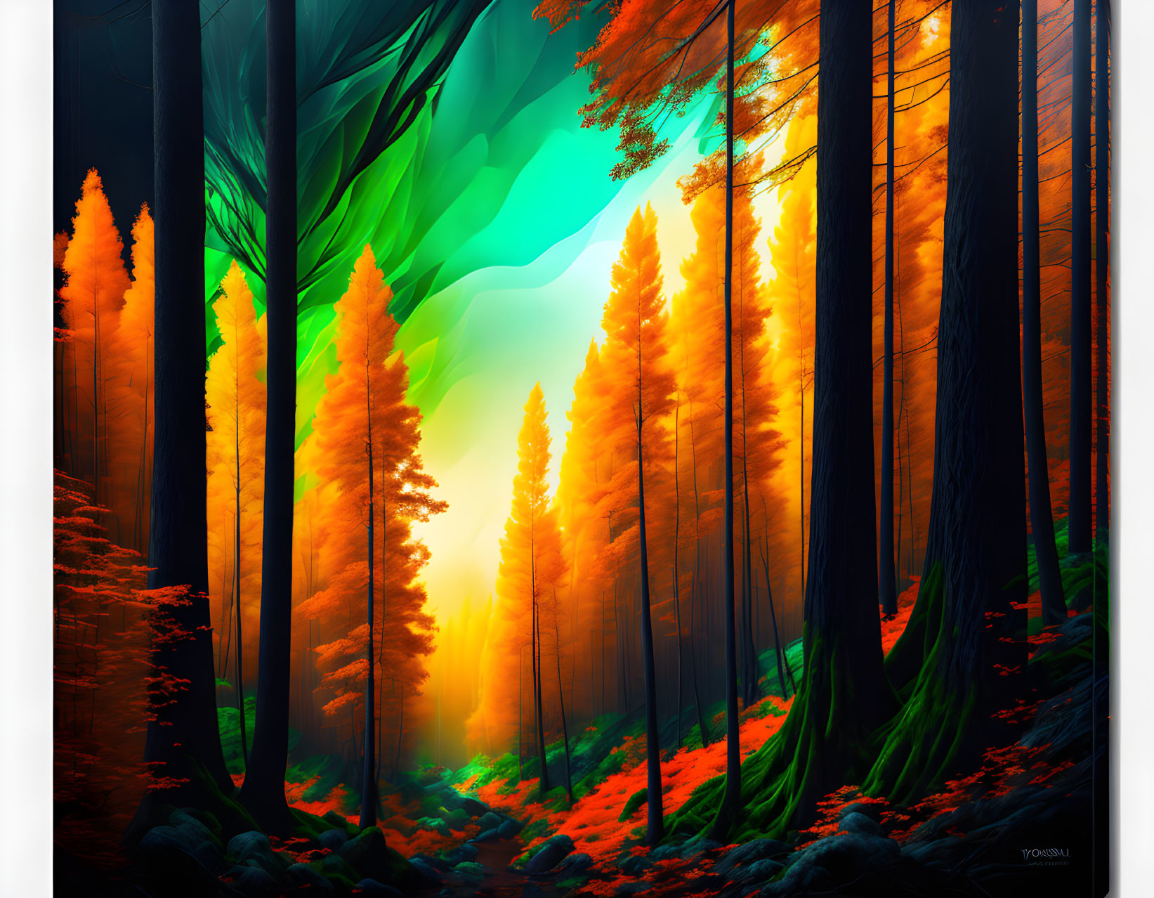 Surreal forest digital artwork: glowing orange trees, yellow pathway, aqua sky