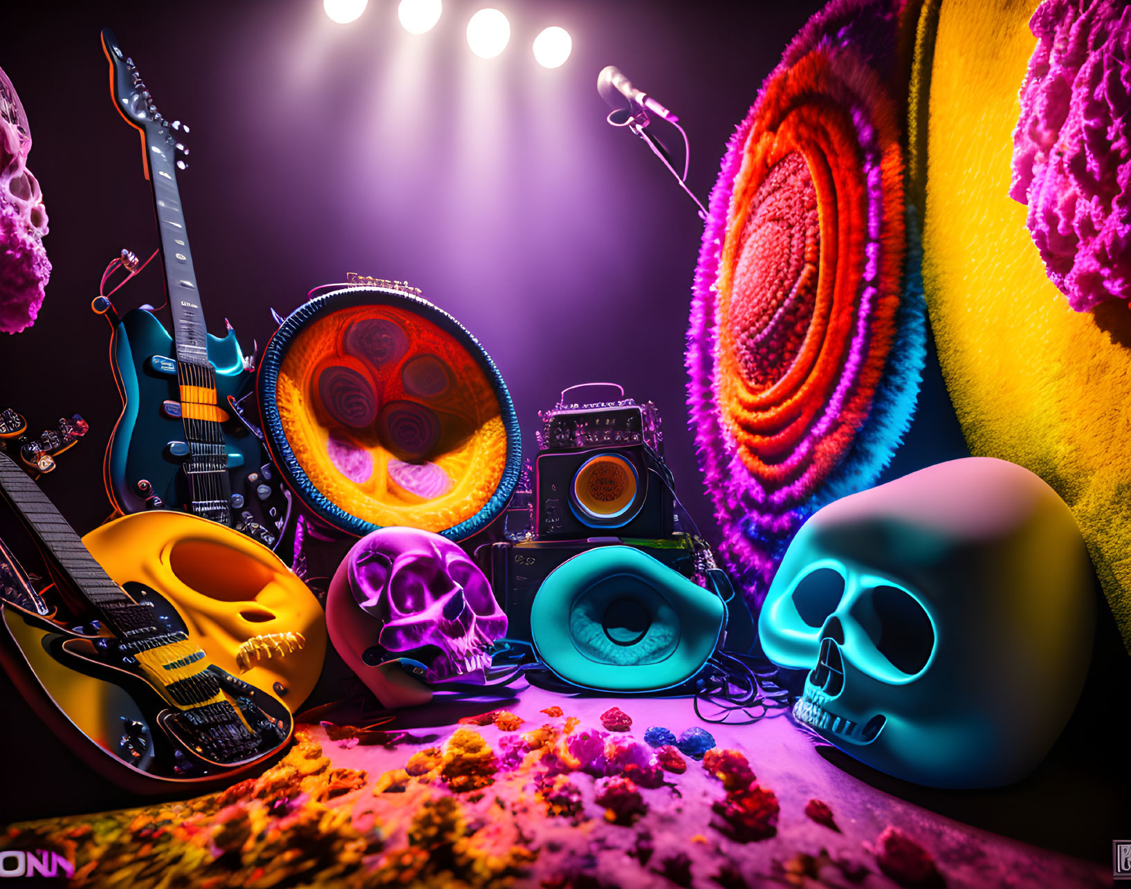 Colorful Music Stage Setup with Electric Guitars and Skull Decorations