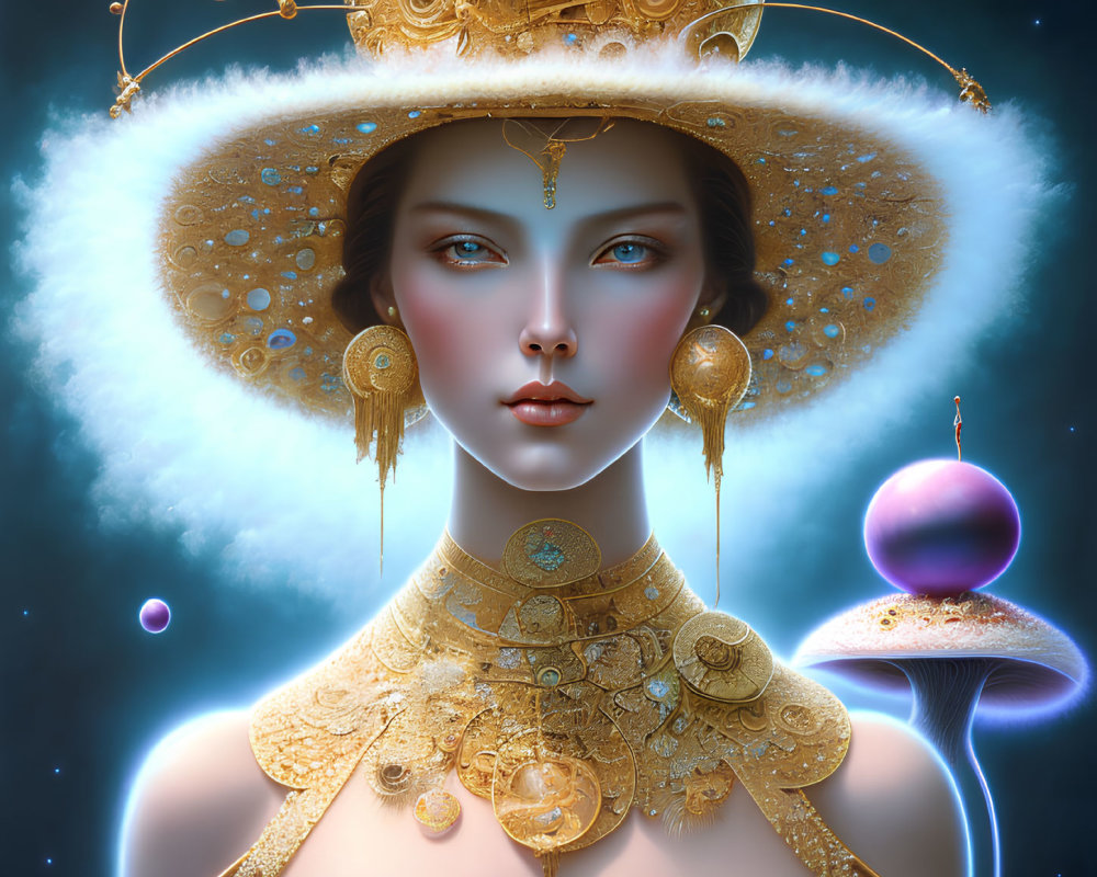 Digital artwork: Woman with steampunk hat and gold neckpiece in cosmic setting